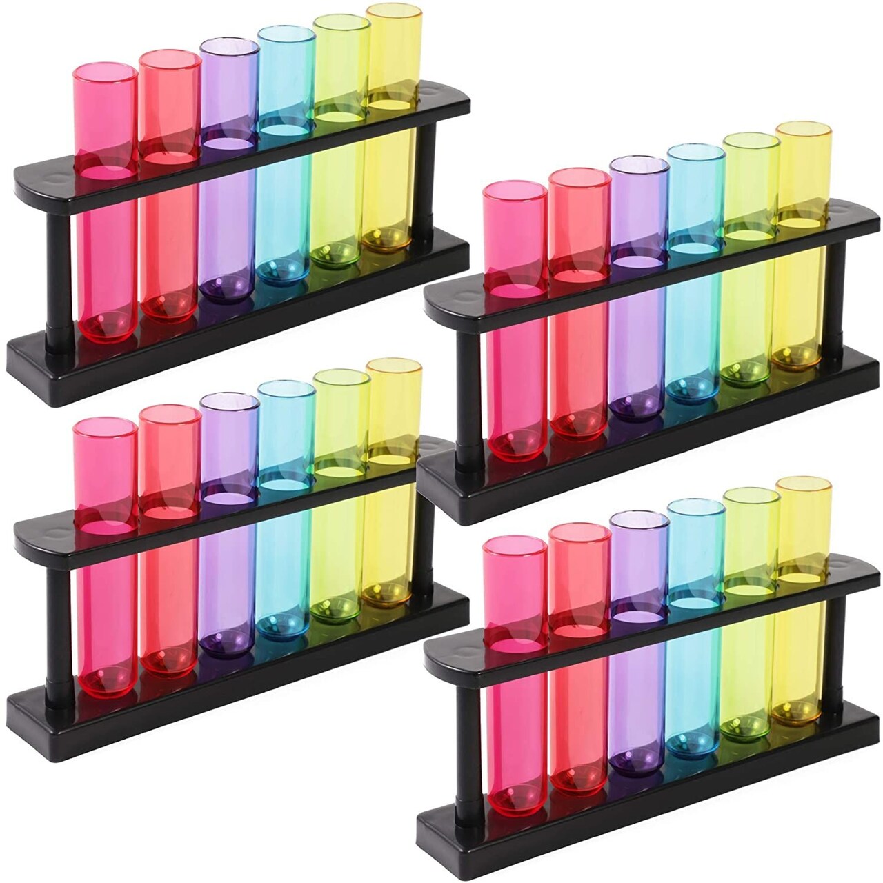 4 Pack Plastic Test Tubes with Rack for Parties, Plant Propagation, Shot Glasses Holder for Science Themed Birthday Party, Pouring and Storing Liquids, 6 Colors (1.5 ounces)